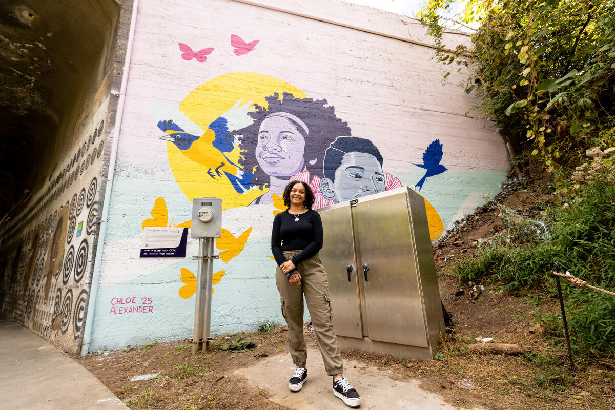 Focus on the mural during the unveiling ceremony.