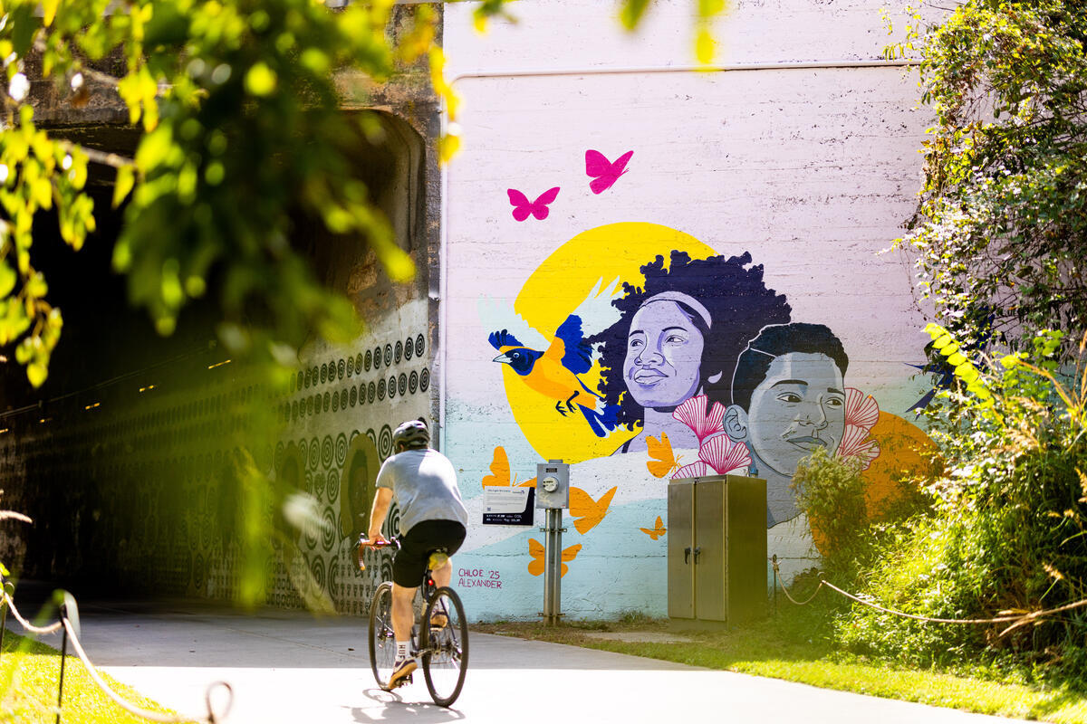 Wide shot of the mural unveiling celebration in Atlanta.