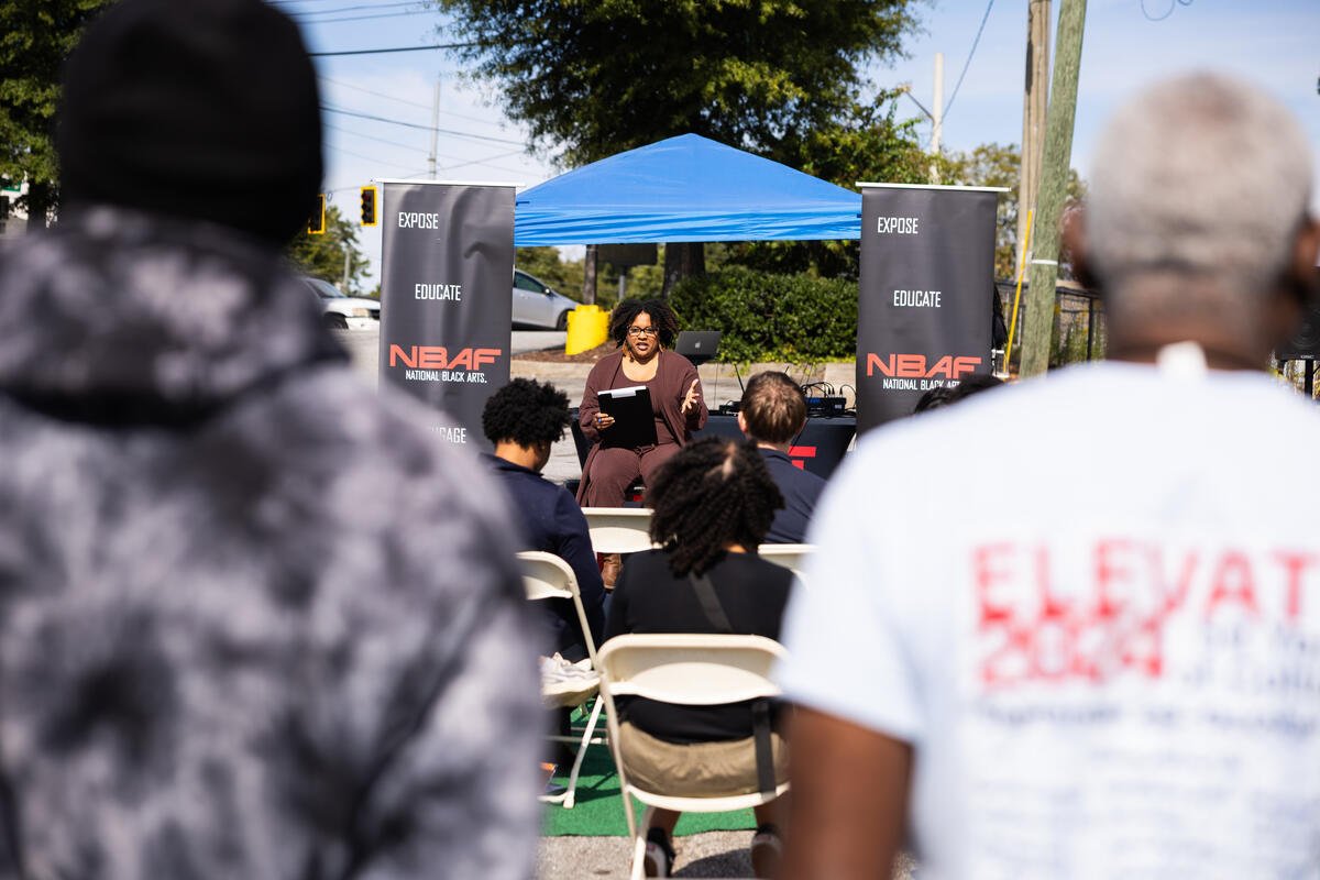 People gathered for the second mural unveiling event in Atlanta.